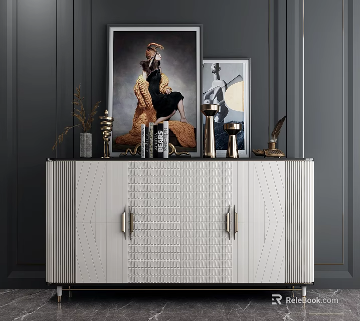 Elegant Modern Entryway Cabinet Sideboard with Decorative Vases Sculptures Books and Framed Art 3d model 