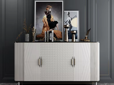 Elegant Modern Entryway Cabinet Sideboard with Decorative Vases Sculptures Books and Framed Art 3d model