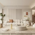 Modern Living Room Interior Design With White Sofa Round Coffee Table Green Plant And Staircase