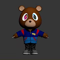 3D Brown Cartoon Bear With Colorful Eyes Blue Red Jacket And Gray Shoes