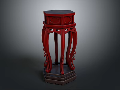 Dark Red Traditional Chinese Style Pedestal Table With Hexagonal Top And Carved Decorative Legs 3d model