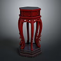 Dark Red Traditional Chinese Style Pedestal Table With Hexagonal Top And Carved Decorative Legs
