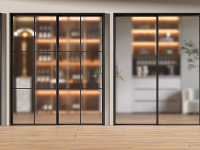 Modern Glass Sliding Doors With Illuminated Shelves And Decorative Items 3d model