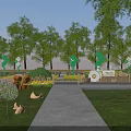 Garden Landscape with Path Lined by Yellow Flower Fields Green Flags Trees and Wooden Fence