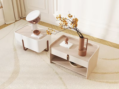 Modern Light Wood And White Decorative Cabinets With Drawers Table Lamp Vase And Yellow Flowers 3d model