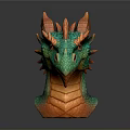 Vibrant Dragon Head Sculpture With Horns Spikes And Green Orange Design