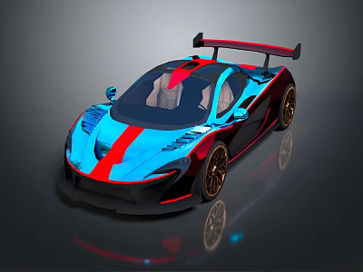 Super Sports Car Blue And Red With Aerodynamic Design Rear Spoiler And Alloy Wheels 3d model