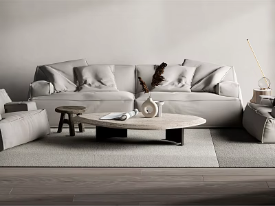 Modern Interior Sofa Coffee Table Set With Round Marble Top Pillows And Light Colored Rug 3d model