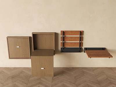 Wall Mounted Wooden Sofa Stool With Cabinets On Beige Wall Herringbone Floor 3d model
