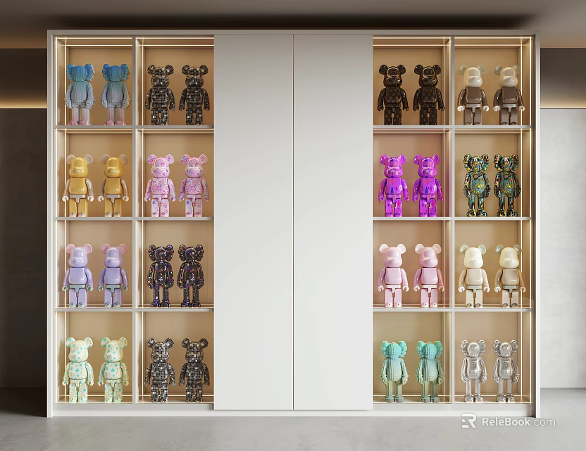 Modern Figurine Cabinet Displaying Colorful Bear Figurines Of Various Styles For Home Collection 3d model 
