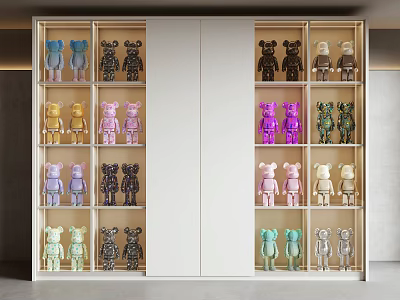 Modern Figurine Cabinet Displaying Colorful Bear Figurines Of Various Styles For Home Collection 3d model
