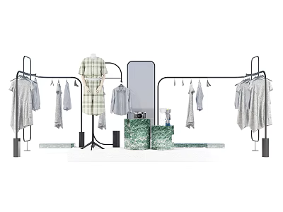 Clothing Racks With Hanging Garments Mirror And Green Display Cabinet In Store 3d model