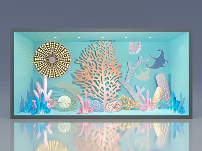 Ocean Themed Window Display With Coral Seashells Fish And Starfish 3d model