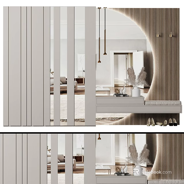 Modern Elegant Wardrobe Interior With Sliding Mirror Doors Wall Hooks And Shoe Storage 3d model 