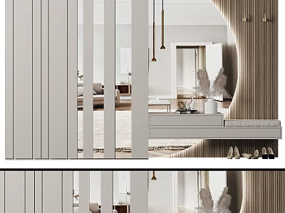 Modern Elegant Wardrobe Interior With Sliding Mirror Doors Wall Hooks And Shoe Storage 3d model