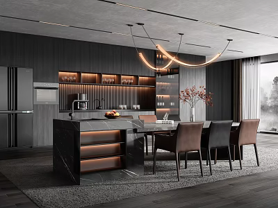 Modern Open Kitchen Restaurant Interior With Island Counter Dining Chairs And Pendant Lights 3d model