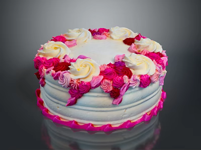 Beautifully Decorated Cake With Pink And White Cream Roses On Top 3d model