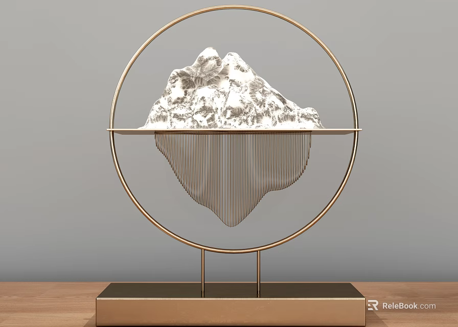 Decorative Ornament Set with Golden Circular Frame Mountain Shape Textured Base on Wooden Tabletop 3d model 