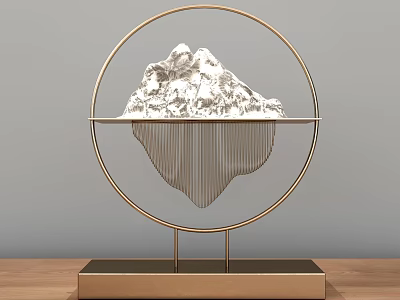 Decorative Ornament Set with Golden Circular Frame Mountain Shape Textured Base on Wooden Tabletop 3d model