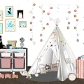 Cute Kids Tent With Star Moon Patterns In Children's Room With Toys Rug And Bookshelf