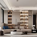 Modern Living Room Interior Design With Marble Wall TV Display Chandelier And Sofa