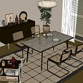 Cozy Dining Room with Wicker Chairs Dining Table Plates Vase Cabinet Plant and Checkered Rug