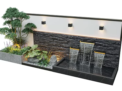 Decorative Water Feature Wall Design With Stone Panel Waterfall Green Plants And LED Lighting 3d model