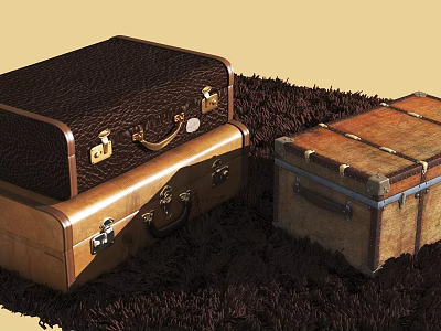 Vintage Brown Leather And Wooden Suitcases With Brass Hardware On Dark Carpet 3d model