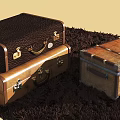 Vintage Brown Leather And Wooden Suitcases With Brass Hardware On Dark Carpet