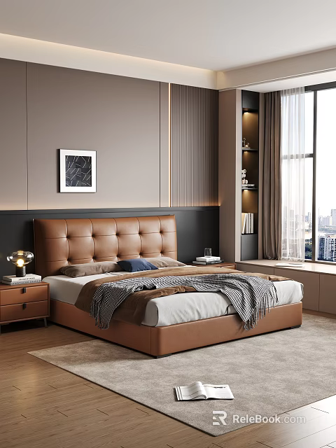 Modern Brown Tufted Leather Double Bed With Matching Nightstands For Luxury Contemporary Bedroom Space 3d model 