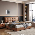Modern Brown Tufted Leather Double Bed With Matching Nightstands For Luxury Contemporary Bedroom Space