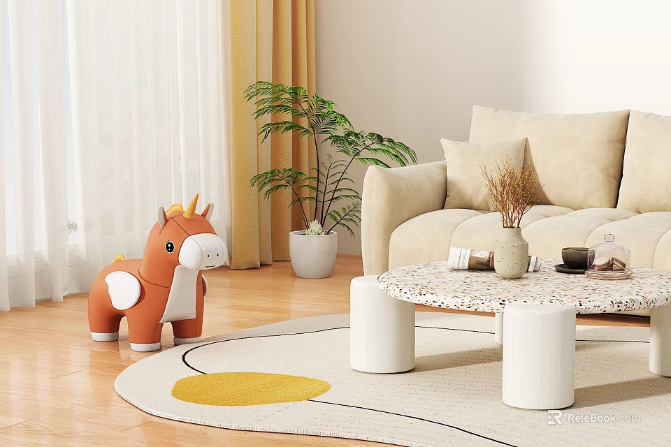 Living Room With Orange Unicorn Toy Beige Sofa Patterned Coffee Table Yellow Rug And Plant 3d model 