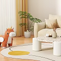 Living Room With Orange Unicorn Toy Beige Sofa Patterned Coffee Table Yellow Rug And Plant
