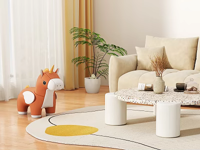 Living Room With Orange Unicorn Toy Beige Sofa Patterned Coffee Table Yellow Rug And Plant 3d model