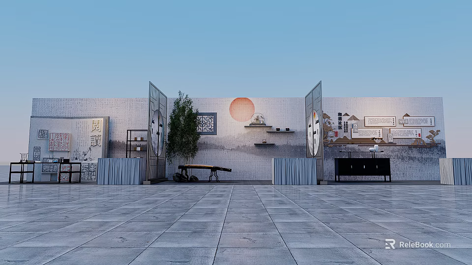 Traditional Chinese Courtyard With Gray Walls Red Circular Ornament Screens And Stone Pavement 3d model 