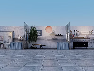 Traditional Chinese Courtyard With Gray Walls Red Circular Ornament Screens And Stone Pavement 3d model