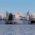Traditional Chinese Courtyard With Gray Walls Red Circular Ornament Screens And Stone Pavement