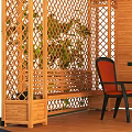 Outdoor Wooden Gazebo With Blue Roof Green Plants Around Table Chairs