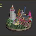 Scenic Lighthouse and Red Cabin Model with Trees Small Boat Rocks and Water Area