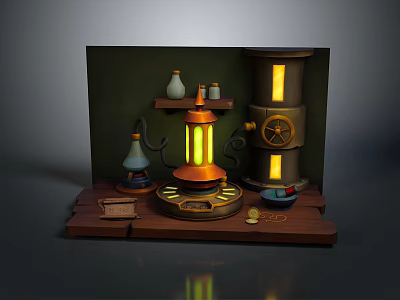 Vintage Style Glowing Lamp Set With Mechanical Elements Wooden Base And Decorative Items 3d model