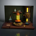 Vintage Style Glowing Lamp Set With Mechanical Elements Wooden Base And Decorative Items