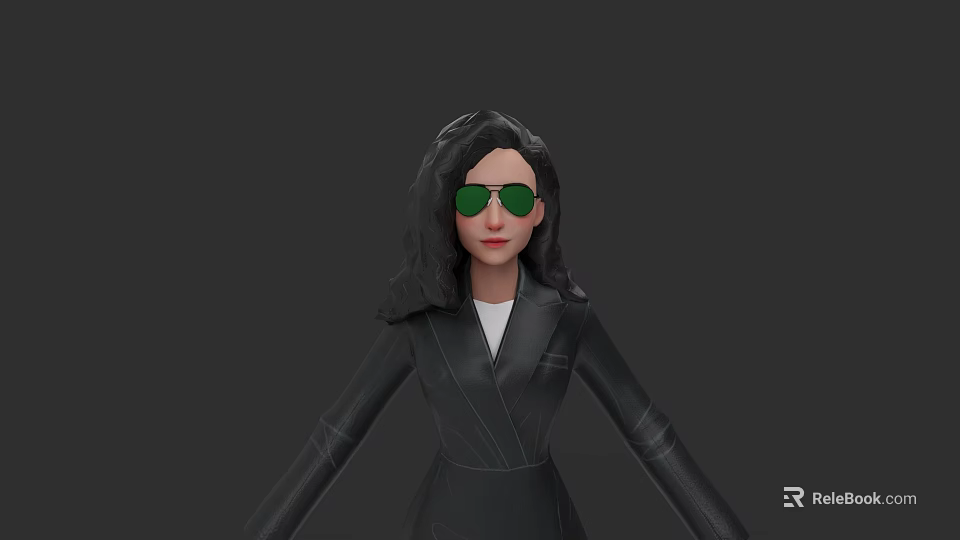 Woman With Long Black Hair Green Sunglasses Black Leather Jacket White T-shirt And Arms Outstretched 3d model 