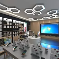 Modern Digital Store Interior With Hexagonal Ceiling Lighting Display Shelves And Electronic Products 3d model