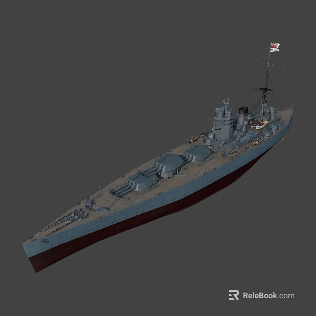 Classic Battleship With Turrets Deck Mast Flag And Gray Red Hull Design 3d model 
