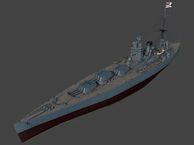 Classic Battleship With Turrets Deck Mast Flag And Gray Red Hull Design 3d model