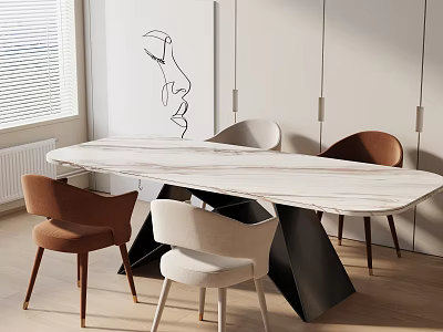 Modern Dining Table Set with White Marble Top and Brown Beige Chairs and Abstract Art 3d model