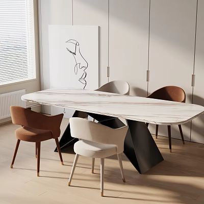 Modern Dining Table Set with White Marble Top and Brown Beige Chairs and Abstract Art 3d model