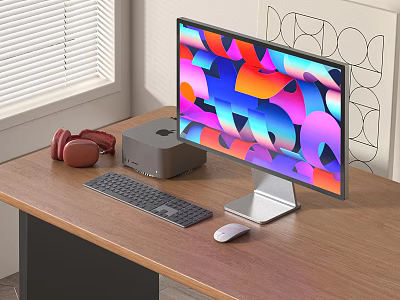 Modern Desktop Computer Setup With Monitor Keyboard Mouse And Headphones On Wooden Desk 3d model