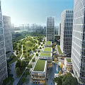 Modern High Rise Office Buildings With Green Spaces And Urban Gardens