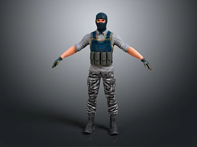 Tactical Character With Blue Vest Camouflage Pants Black Balaclava And Gloves 3d model